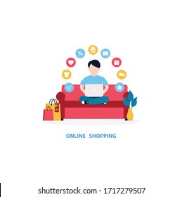 Young man Shopping Online On Laptop. Vector illustration.Flat design shopping online