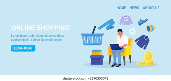 Young man shopping online using laptop, pay with mobile app. Customer choosing modern apparel, wearing, accessories for wardrobe. Internet garment shop, sale. Shopping cart, trolley with garments