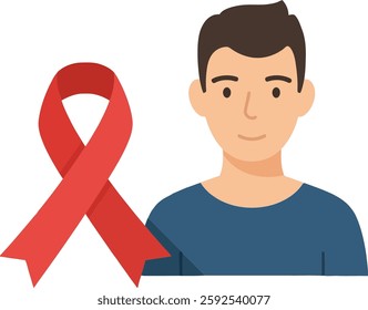 A young man with short brown hair stands next to a large red ribbon symbolizing awareness, creating a hopeful and supportive atmosphere.