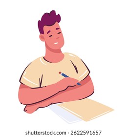 Young man with short hair sits at desk, holding pencil and thinking while looking away from blank sheet of paper. Flat cartoon doodle style. Vector illustration for education, study, note taking