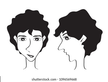 Young Man Short hair style icon, male face, logo Man, salon sign, beauty, spa, Hipster cartoon, vector illustration