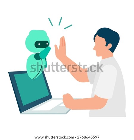 Young man in short sleeves working with AI assistant and technology for efficient business tasks during summer energy-saving telework