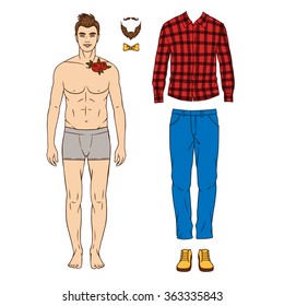 A young man in shorts. A man in a hipster style. Clothing for hipster. Vector illustration of a man with clothes.