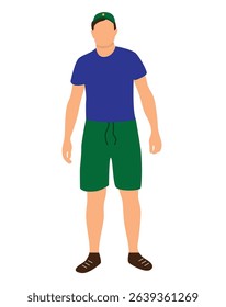 Young Man in Shorts and T-Shirt Isolated on White. People and activities, seasonal fashion vector art