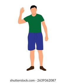 Young Man in Shorts and T-Shirt Raising Hand Isolated on White. People and activities, seasonal fashion vector art