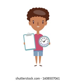 Young man in shorts and t-shirt standing, holding empty clipboard and watch on white background. Vector flat design illustration.