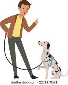 Young man shouting at dog. Cartoon dalmatian owner