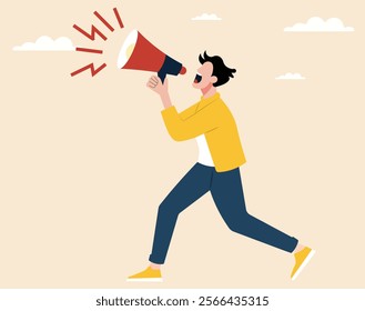 young Man shouting and doing announcement in megaphone concept illustration