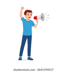 Young Man Shouting into Megaphone with Raised Fist Expressing Anger and Protest on White Background