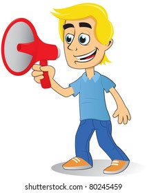 young man shouting into megaphone