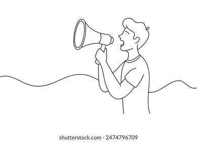 Joven gritando con un megáfono, Ilustración vectorial de arte en línea continua