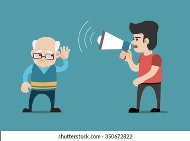 Young man shouting with megaphone at hearing impaired senior man. Concept for deafness, hearing impairment, hearing loss etc. Vector art on isolated background.