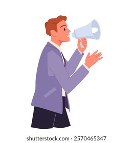 Young man shouting in megaphone, public speech of adult speaker on event, side view. Businessman in suit holding loudspeaker to speak at business presentation, conference cartoon vector illustration