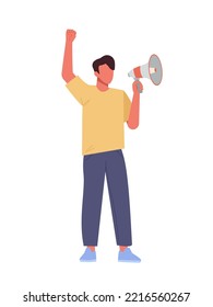 Ein junger Mann schreit auf ein Megaphon. Männlicher Aktivist auf Protest. Vektorgrafik mit Zeichen in flachem Stil