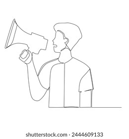 Young man shouting on a megaphone, loudspeaker, making announcement. Advertising, marketing business concept. Vector simple outline drawing for graphic. Continuous line drawing for business design