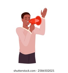 Young man shouting protest messages in loudspeaker, leadership on demonstration. Male activist holding megaphone for public attention to civil movement, motivation cartoon vector illustration