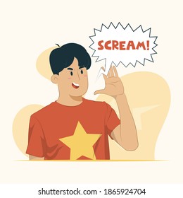 Young man shouting and screaming, loud, communication concept for banner, poster, website, etc.