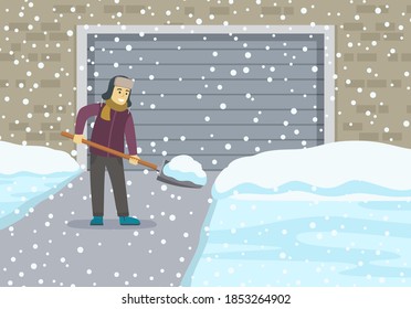 Young man with shovel cleaning snow. Front view of garage covered with snow. Flat vector illustration template.