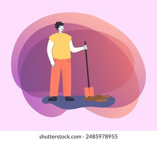 Young man with shovel flat vector illustration. Farmer digging ground and growing plants. Garden work, hobby, agriculture, gardening concept