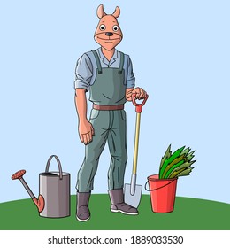 A young man with a shovel and a watering can works in the garden. Working outdoors is good for your health. Vector illustration.