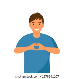 Young man show a love meaning by hand gesture. Two hands fold into heart symbol vector illustration on white background.