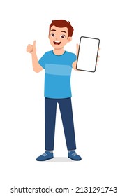 young man show phone screen with thumb up gesture