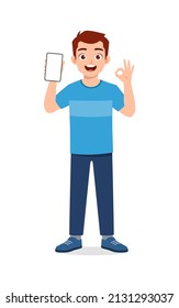 young man show phone screen and show ok gesture