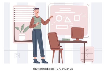 Hombre joven muestra el diagrama de presentación en pantalla o tablero