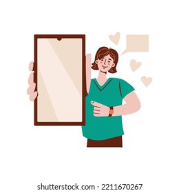  Un joven muestra algo por teléfono. Pónganse un poco como. Red social. Gente y aparatos. Ilustración de dibujos animados. 