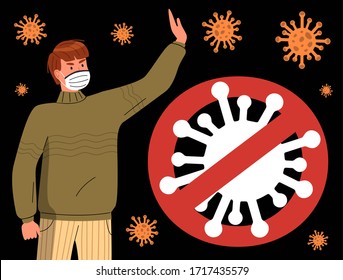 Young man show stop gesture against spreading coronavirus at black background. Huge crossed out sign with virus. World virus epidemy. Concept of stop covid19. Banner in flat style with flying virus