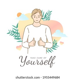 Young man show thumb up on heart background. Self love and self care. Love yourself. Love your body concept. Hand draw style. Vector illustration.