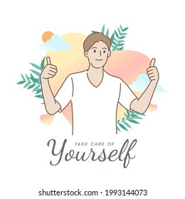 Young man show thumb up on heart background. Self love and self care. Love yourself. Love your body concept. Hand draw style. Vector illustration.