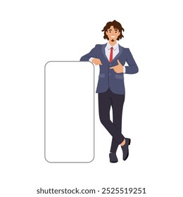 Jovem mostrando uma tela em branco e apontando o dedo. Ilustração de vetor plano isolada no plano de fundo branco