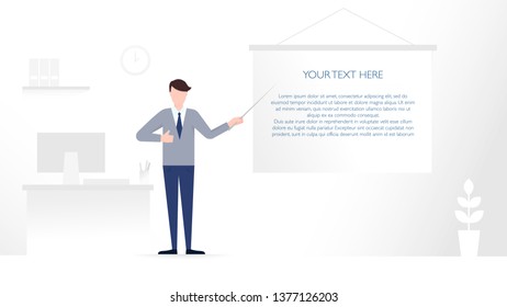 Young man is showing by a pointer on a projection screen and showing thumb up. Workplace interior. Business presentation, office work, corporate concept. Vector illustration in flat style with text