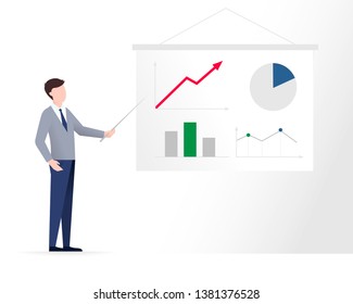 Young man is showing by a pointer on a projection screen with growth graphs. Business presentation, office work, corporate concept. Vector illustration in flat style isolated on white background