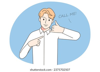 Young man showing Call me hand gesture. Male use body language for callback demand. Nonverbal communication. Vector illustration.