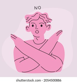 Young man showing crossed hands gesture. NO sign. Concept of refusal, rejection, denial, stop, negation, declination. Flat vector cartoon style character illustration.