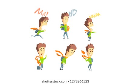 Young man showing different emotions set, guy with different facial expressions and poses vector Illustration