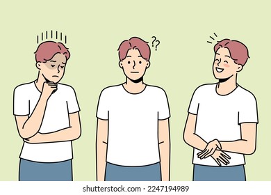 Young man showing different emotions. Millennial male feel emotional demonstrate various facial expression. Vector illustration. 