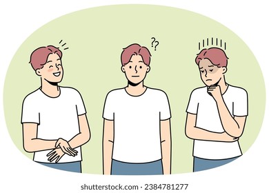 Young man showing different emotions. Millennial male feel emotional demonstrate various facial expression. Vector illustration.