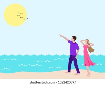 Young man showing to girl birds in the sky. Romantic couple walking on the beach. Man and woman on the walk looking up in sky. Boy and girl in casual clothes: purple female dress, violet male t-shirt