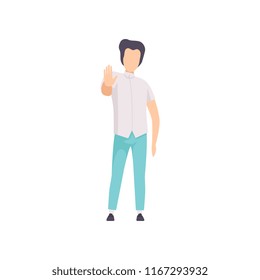 Young man showing hand palm gesture, stop sign, faceless guy character gesturing vector Illustration on a white background