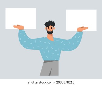 Young man showing with his hands on a white board, poster, banner. Business presentation, sale offer or advertising concept.  Flat vector illustration.