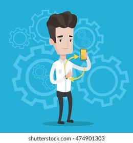 Young man showing his smartphone and smart watch on a blue background with cogwheels. Concept of synchronization between smartwatch and smartphone. Vector flat design illustration. Square layout.