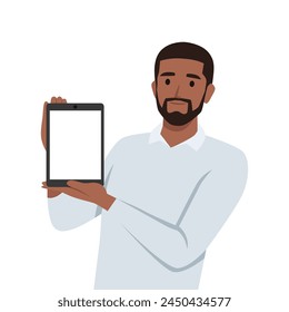 Young man showing or holding blank screen of digital tablet computer in hands. Flat vector illustration isolated on white background