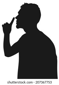 young man showing hush sign, sideview, vector