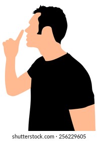 Young man showing hush sign, sideview, vector