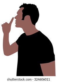 Young Man Showing Hush Sign, Sideview, Vector