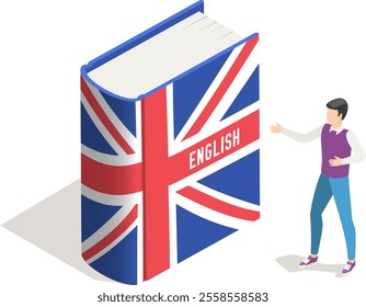 Young man is showing a large textbook with the flag of the united kingdom and the word english written on its cover, representing the concept of learning the english language and british culture