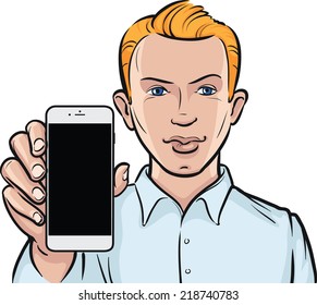 young man showing a mobile app on a smart phone